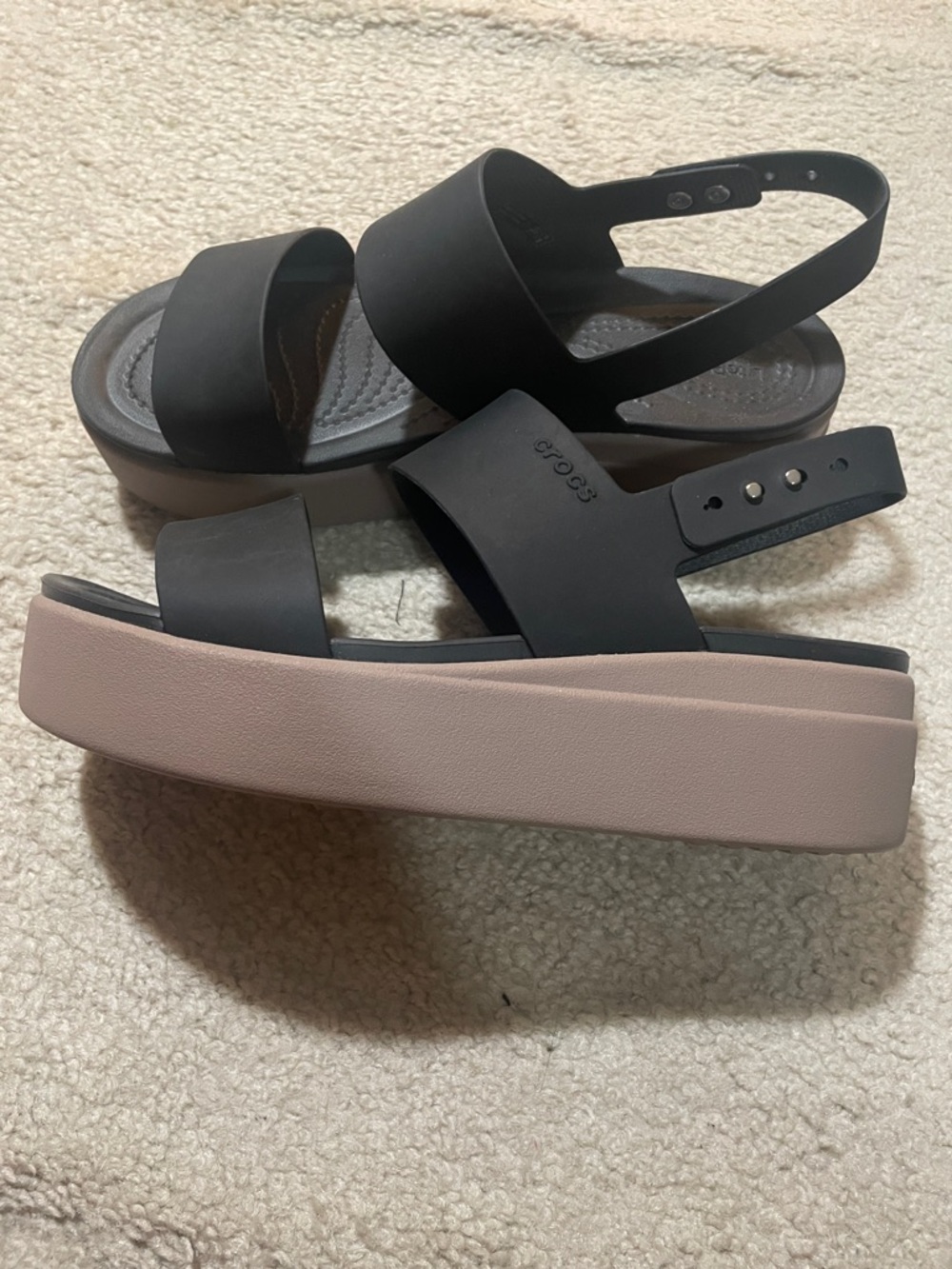CROCS Black Wide-Strap Platform Slingback Sandals with Tan Midsole